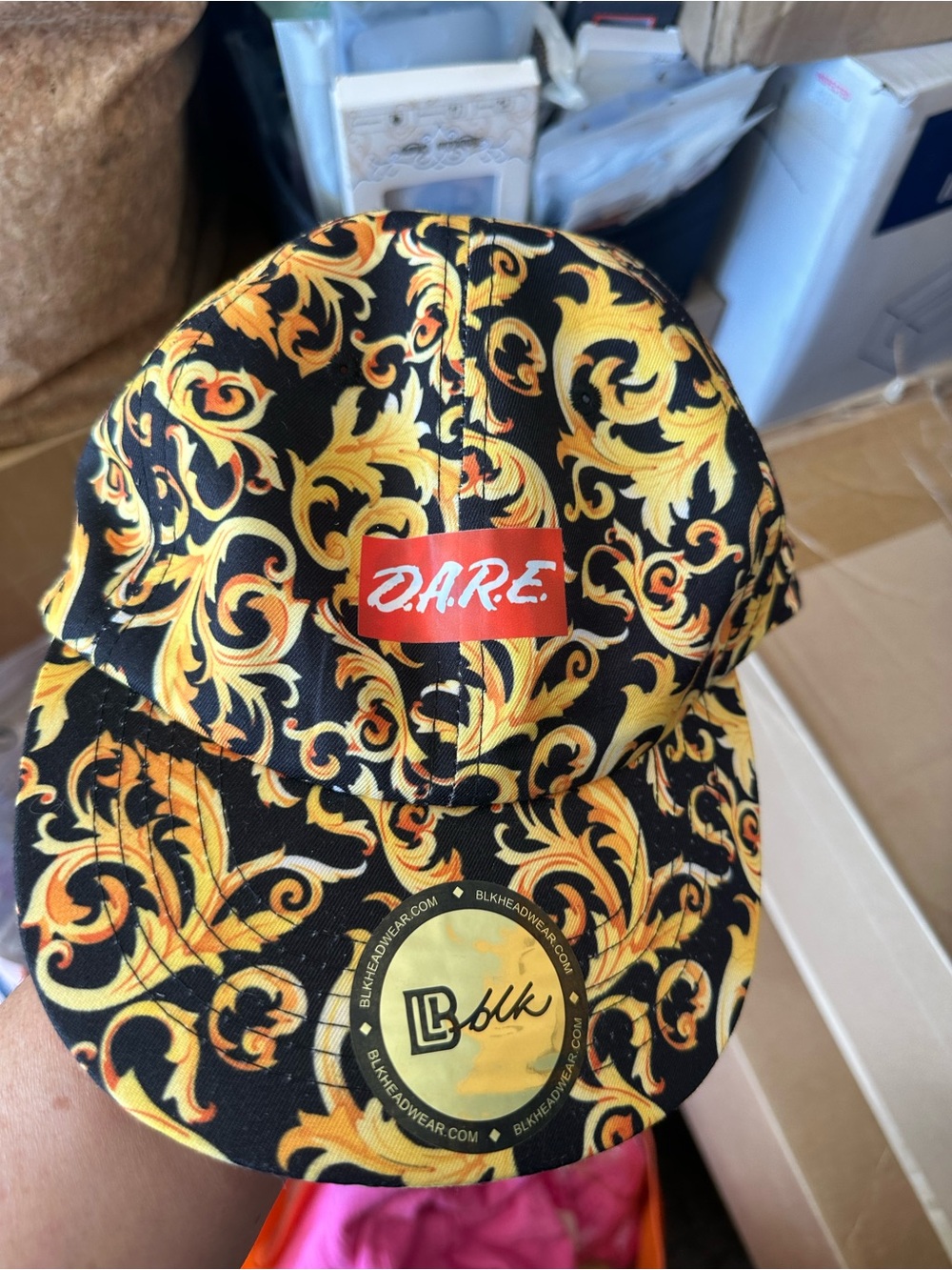 DARE Black and Gold Baroque Print Baseball Cap